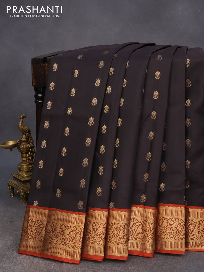 Pure soft silk saree dark coffee brown and orange with allover zari woven buttas and zari woven border