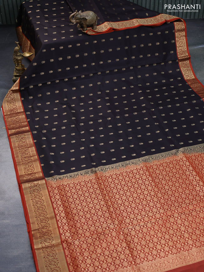 Pure soft silk saree dark coffee brown and orange with allover zari woven buttas and zari woven border