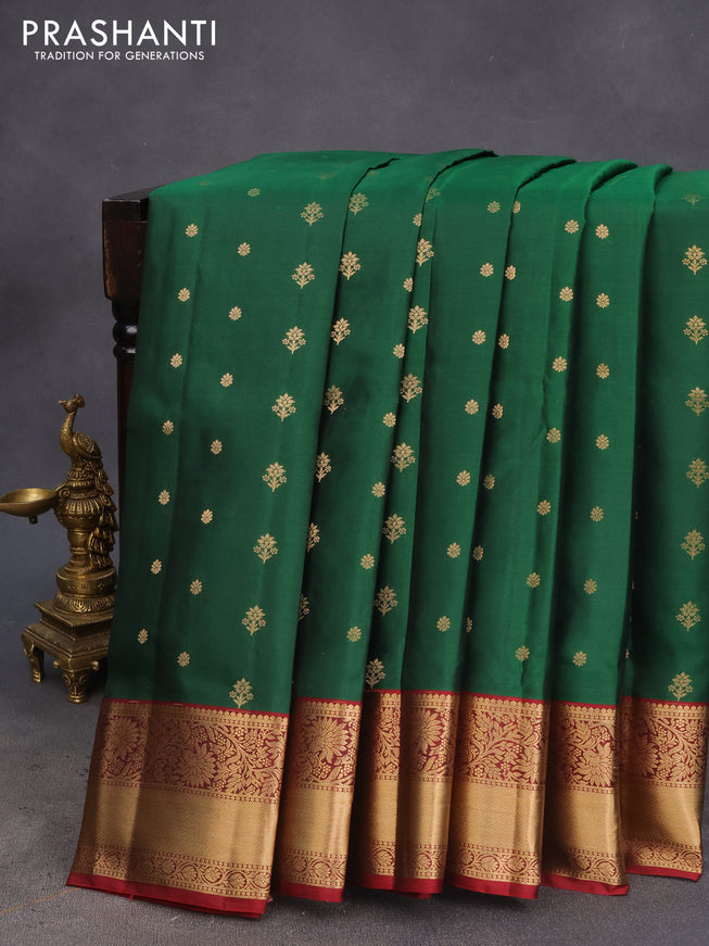 Pure soft silk saree dark green and maroon with allover zari woven buttas and zari woven border