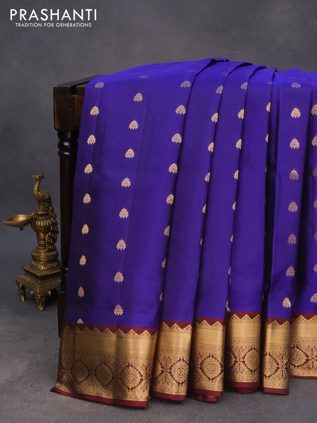 Pure soft silk saree blue and maroon with allover zari woven buttas and zari woven border