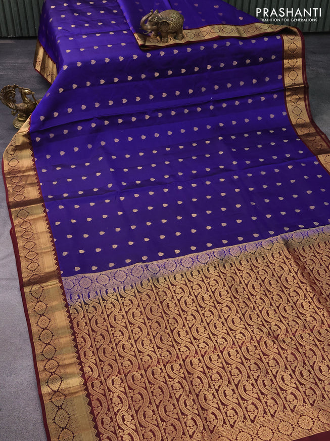 Pure soft silk saree blue and maroon with allover zari woven buttas and zari woven border