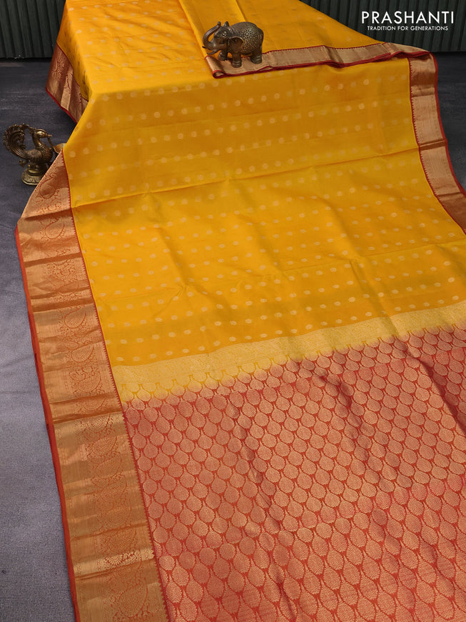 Pure soft silk saree mango yellow and dual shade of maroon with allover zari woven buttas and zari woven border