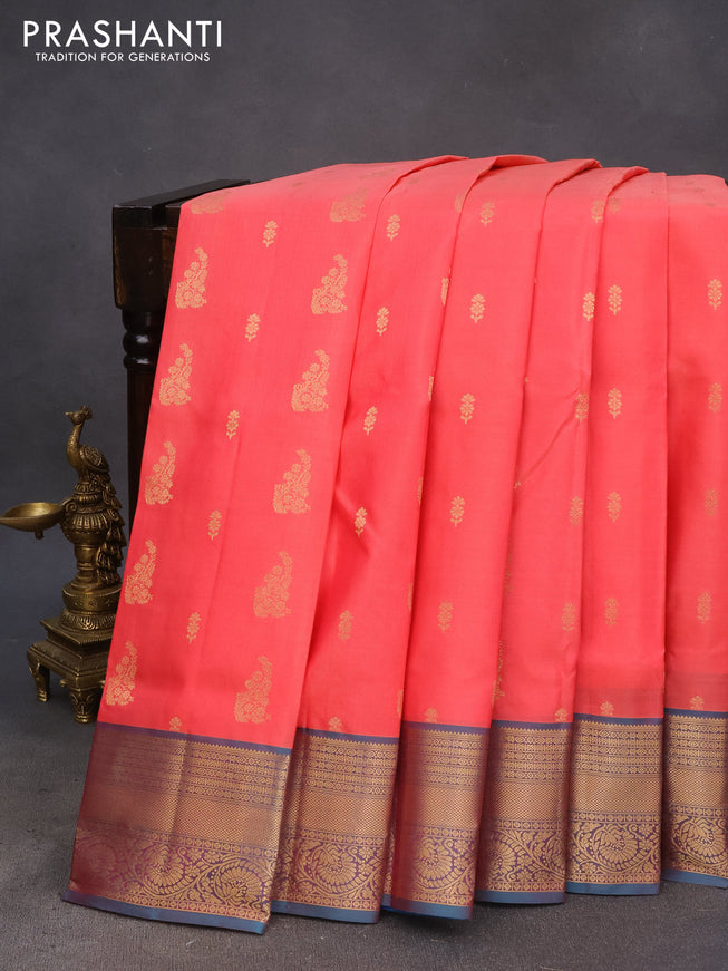 Pure soft silk saree peach pink and dual shade of cs blue with allover zari woven buttas and zari woven border