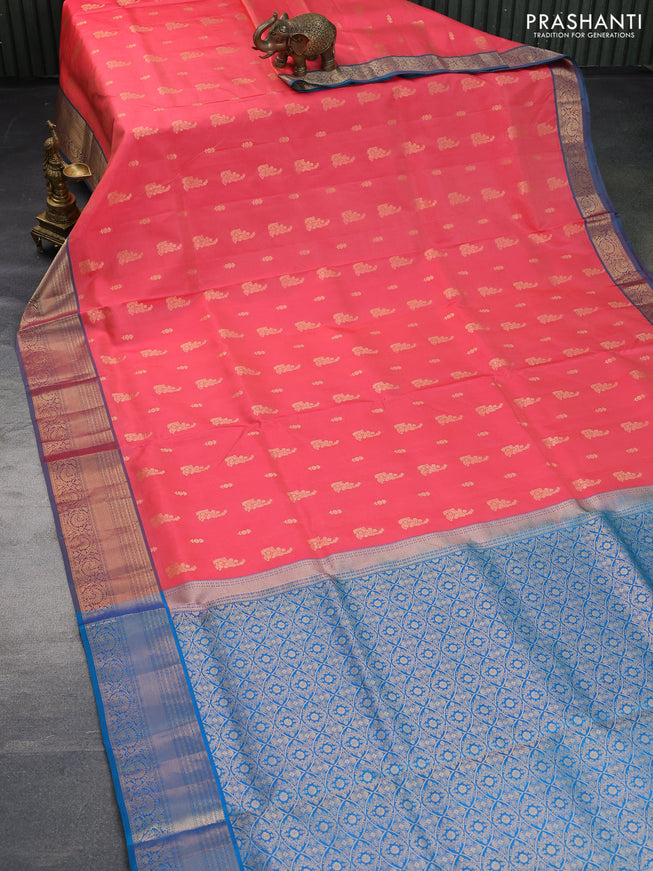 Pure soft silk saree peach pink and dual shade of cs blue with allover zari woven buttas and zari woven border