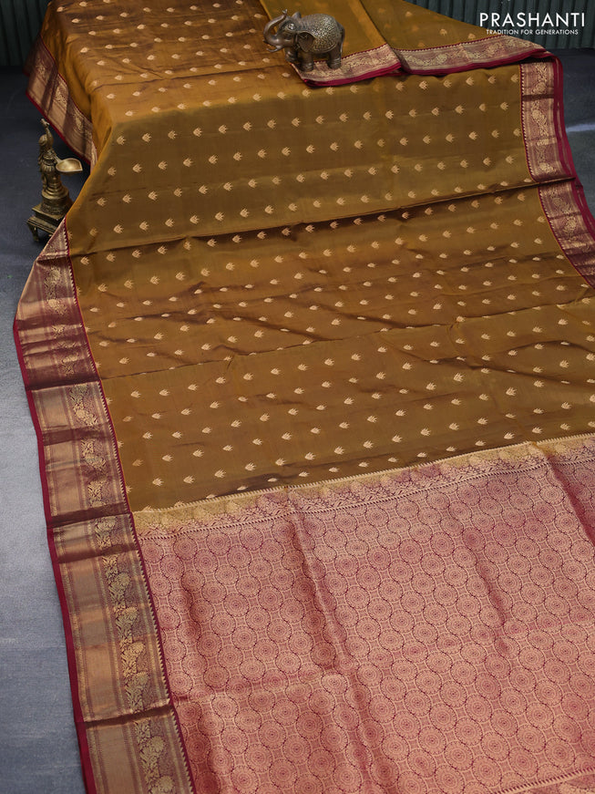 Pure soft silk saree dark mustard and maroon with allover zari woven buttas and zari woven border