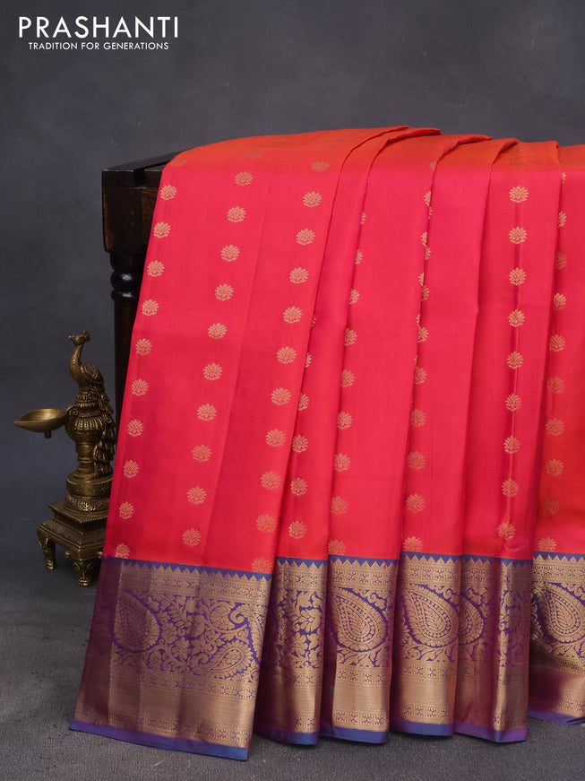 Pure soft silk saree dual shade of pinkish orange and cs blue with allover zari woven buttas and zari woven border