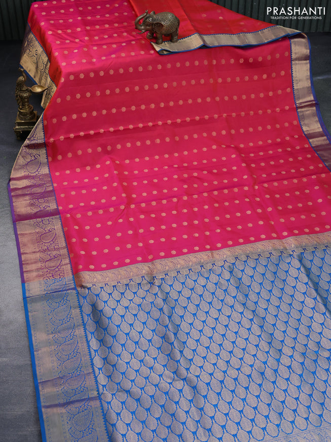 Pure soft silk saree dual shade of pinkish orange and cs blue with allover zari woven buttas and zari woven border