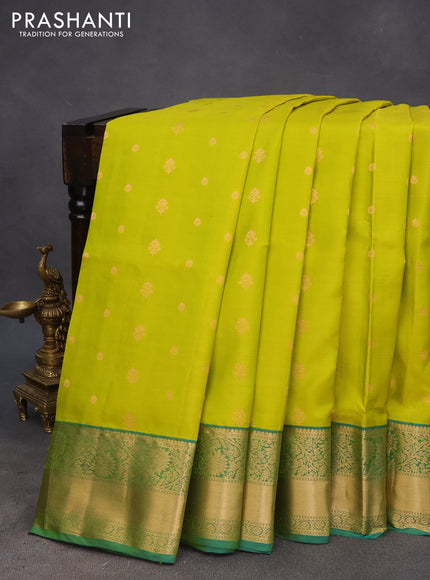 Pure soft silk saree lime green and dual shade of blue with allover zari woven buttas and zari woven border