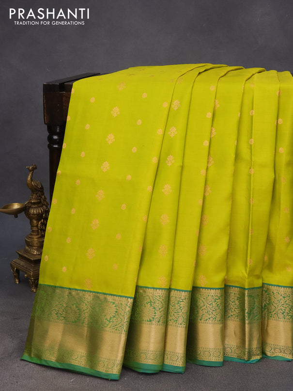 Pure soft silk saree lime green and dual shade of blue with allover zari woven buttas and zari woven border