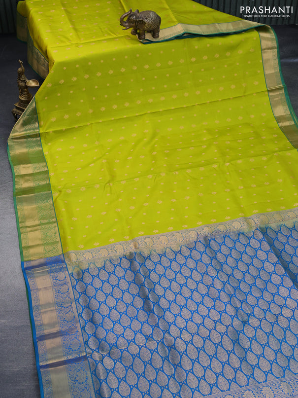 Pure soft silk saree lime green and dual shade of blue with allover zari woven buttas and zari woven border