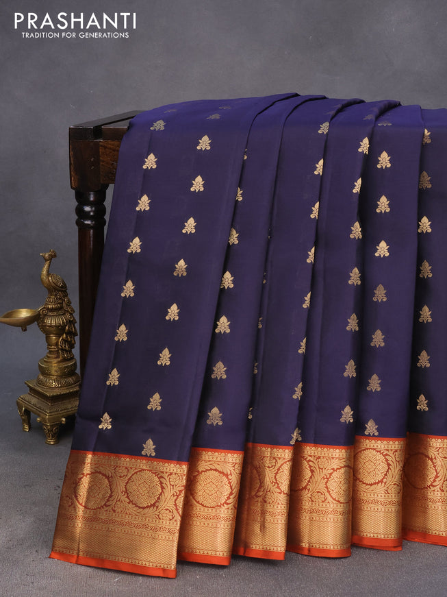 Pure soft silk saree dark blue and orange with allover zari woven buttas and zari woven border