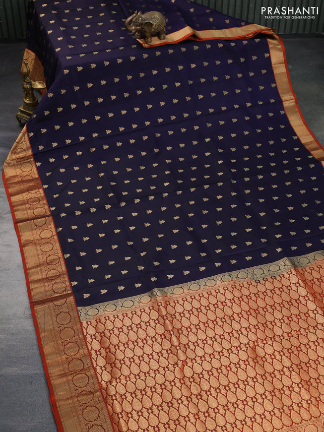 Pure soft silk saree dark blue and orange with allover zari woven buttas and zari woven border