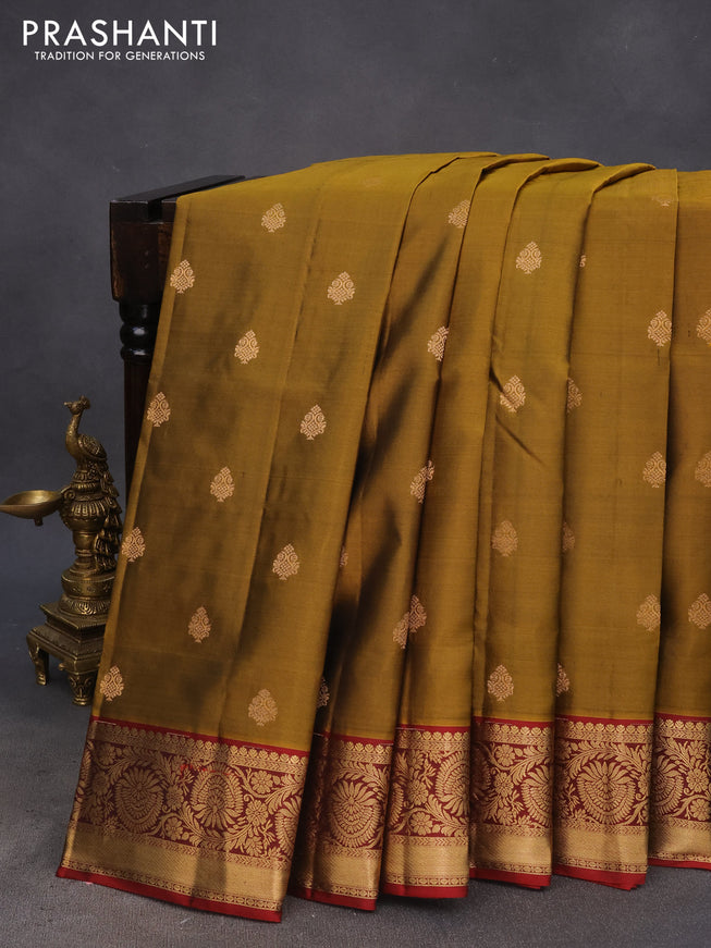 Pure soft silk saree mustard green shade and maroon with allover zari woven buttas and zari woven border