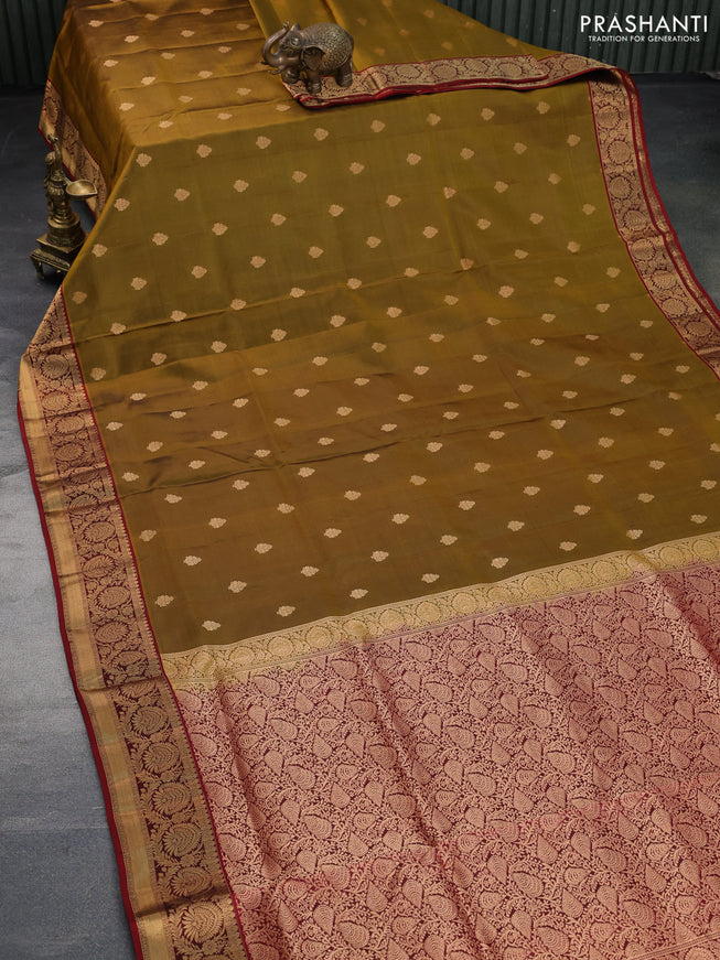 Pure soft silk saree mustard green shade and maroon with allover zari woven buttas and zari woven border