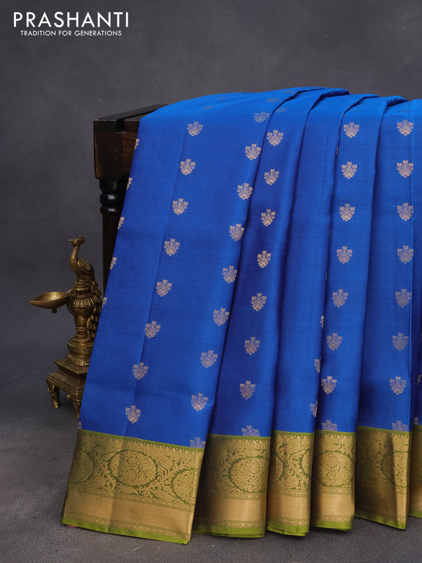 Pure soft silk saree cs blue and dual shade of mehendi green with allover zari woven buttas and zari woven border