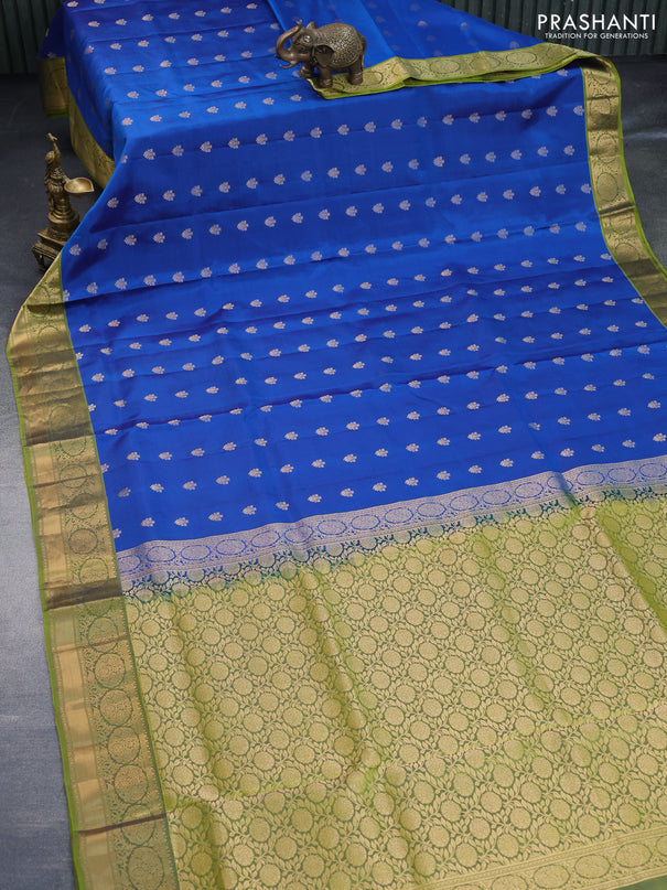 Pure soft silk saree cs blue and dual shade of mehendi green with allover zari woven buttas and zari woven border