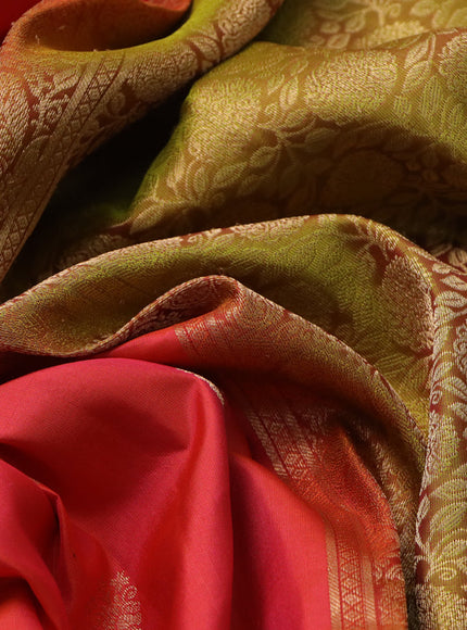 Pure soft silk saree pinkish orange and dual shade of mehendi green with allover zari woven buttas and zari woven border