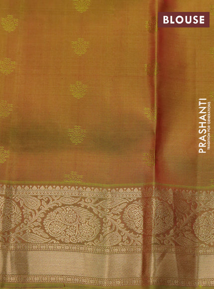 Pure soft silk saree pinkish orange and dual shade of mehendi green with allover zari woven buttas and zari woven border