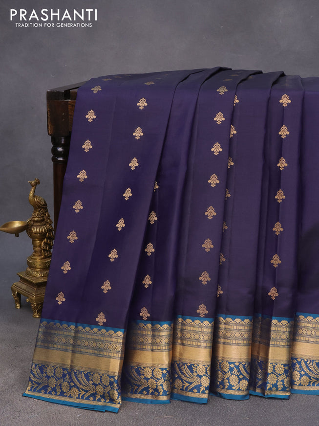 Pure soft silk saree dark blue and peacock green with allover zari woven buttas and zari woven border