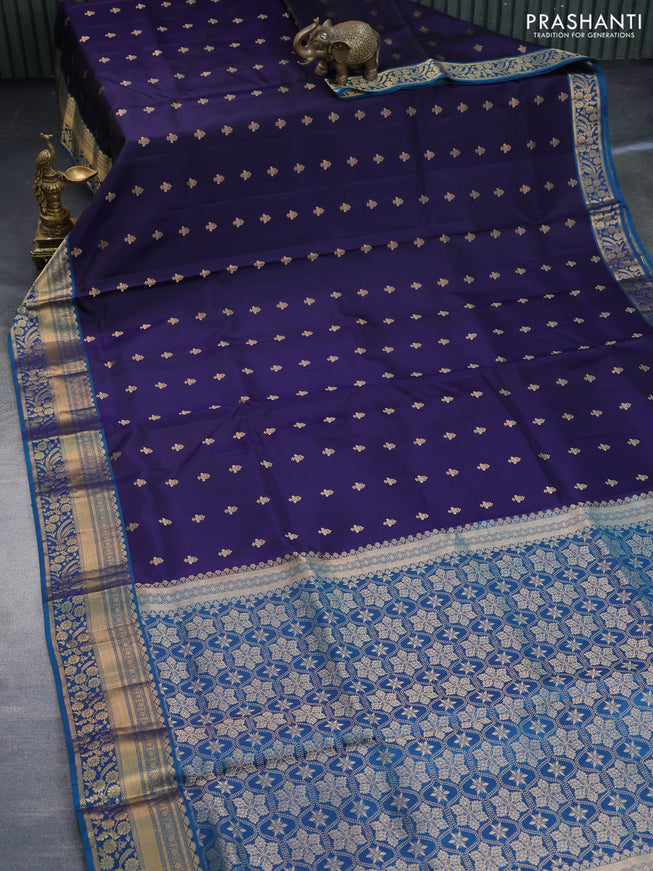 Pure soft silk saree dark blue and peacock green with allover zari woven buttas and zari woven border