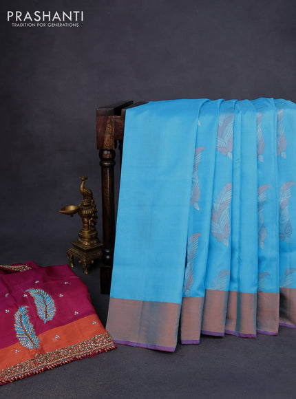 Pure kanchipuram silk saree light blue and dark magenta pink with silver & copper zari woven buttas and copper zari woven border - aari work blouse