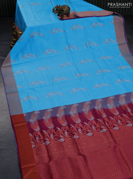 Pure kanchipuram silk saree light blue and dark magenta pink with silver & copper zari woven buttas and copper zari woven border - aari work blouse