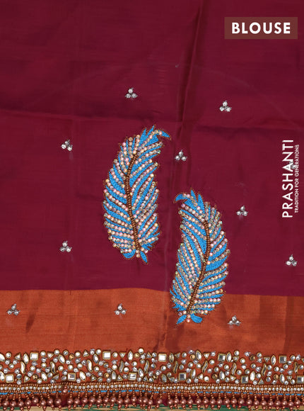 Pure kanchipuram silk saree light blue and dark magenta pink with silver & copper zari woven buttas and copper zari woven border - aari work blouse