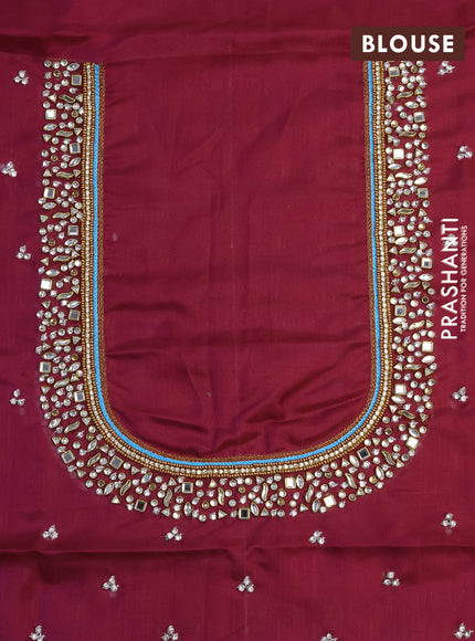 Pure kanchipuram silk saree light blue and dark magenta pink with silver & copper zari woven buttas and copper zari woven border - aari work blouse