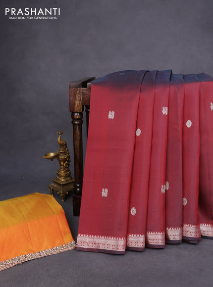 Pure kanchipuram silk saree maroon and dual shade of mango yellow with silver zari woven annam & rudhraksha buttas and silver zari woven border - aari work blouse