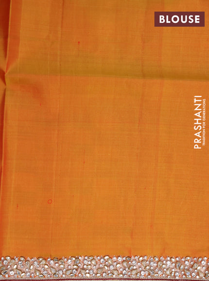 Pure kanchipuram silk saree maroon and dual shade of mango yellow with silver zari woven annam & rudhraksha buttas and silver zari woven border - aari work blouse