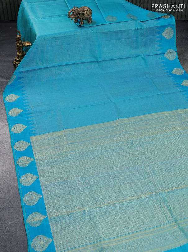 Pure kanchipuram silk saree teal blue with allover zari weaves and zari woven butta border - aari work blouse