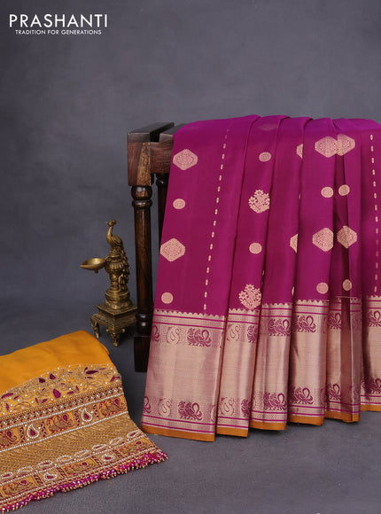 Pure kanchipuram silk saree purple and mustard yellow with zari woven buttas and long zari woven border - aari work blouse