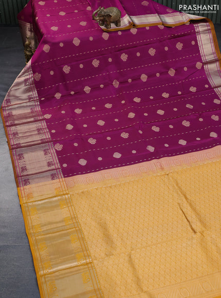 Pure kanchipuram silk saree purple and mustard yellow with zari woven buttas and long zari woven border - aari work blouse