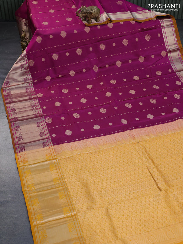 Pure kanchipuram silk saree purple and mustard yellow with zari woven buttas and long zari woven border - aari work blouse