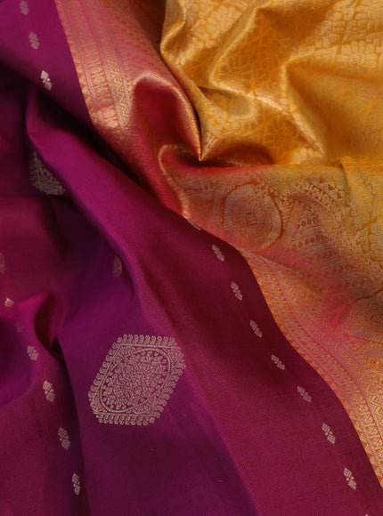 Pure kanchipuram silk saree purple and mustard yellow with zari woven buttas and long zari woven border - aari work blouse