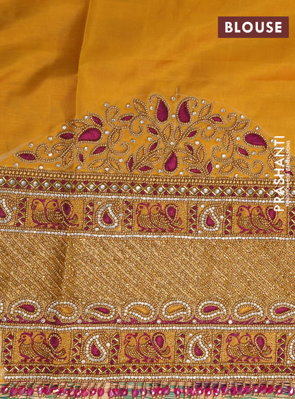 Pure kanchipuram silk saree purple and mustard yellow with zari woven buttas and long zari woven border - aari work blouse