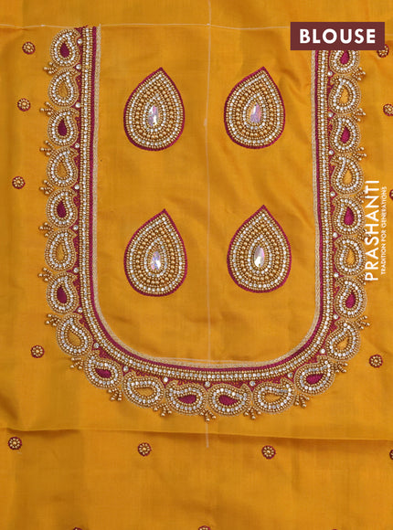 Pure kanchipuram silk saree purple and mustard yellow with zari woven buttas and long zari woven border - aari work blouse