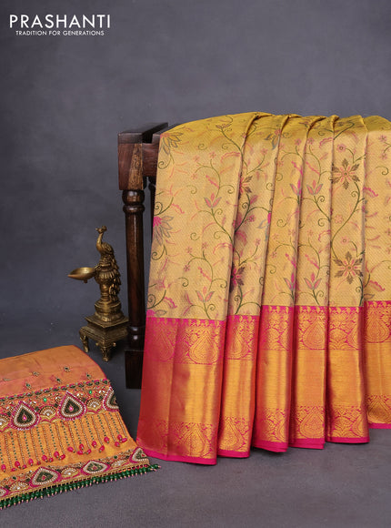 Pure kanchipuram tissue silk saree gold and pink with allover zari woven floral weaves and rich zari woven border - aari work blouse