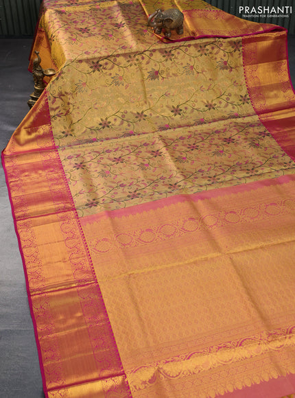 Pure kanchipuram tissue silk saree gold and pink with allover zari woven floral weaves and rich zari woven border - aari work blouse