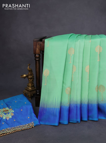 Pure kanchipuram silk saree pastel green and blue with zari woven buttas and simple border - aari work blouse