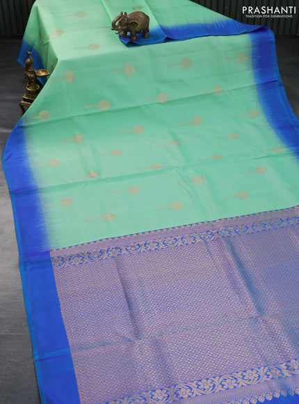 Pure kanchipuram silk saree pastel green and blue with zari woven buttas and simple border - aari work blouse