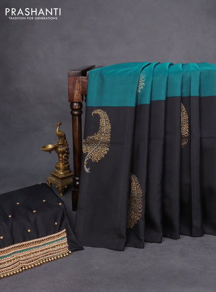 Pure kanchipuram silk saree black and teal green shade with leaf zari woven buttas in borderless style - aari work blouse