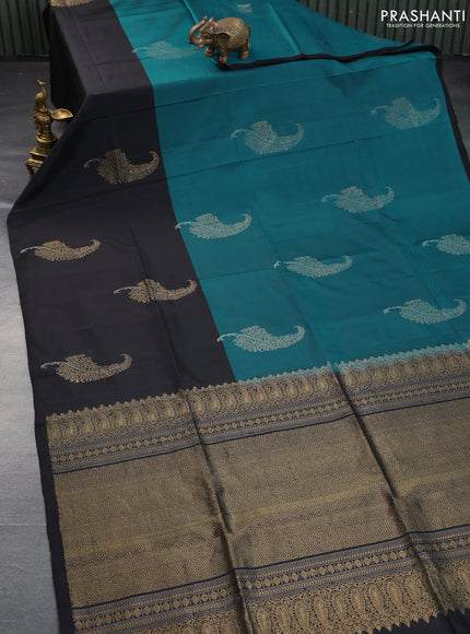 Pure kanchipuram silk saree black and teal green shade with leaf zari woven buttas in borderless style - aari work blouse