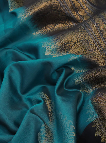 Pure kanchipuram silk saree black and teal green shade with leaf zari woven buttas in borderless style - aari work blouse