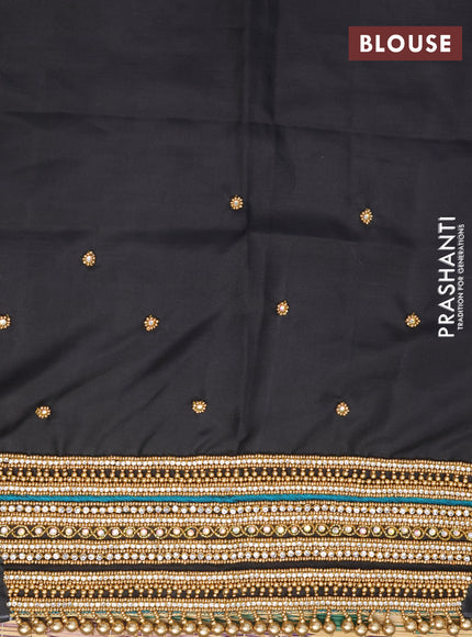 Pure kanchipuram silk saree black and teal green shade with leaf zari woven buttas in borderless style - aari work blouse