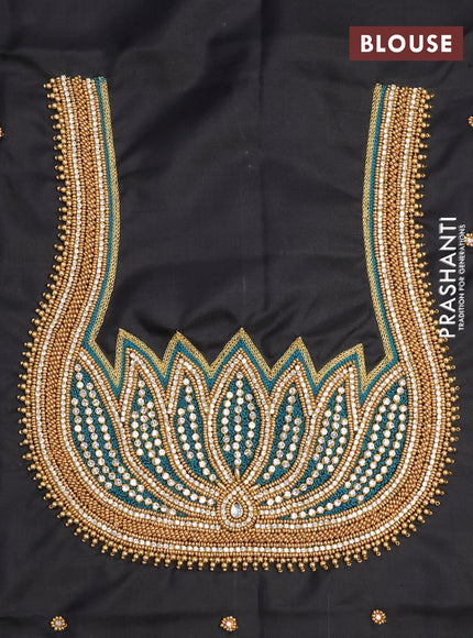 Pure kanchipuram silk saree black and teal green shade with leaf zari woven buttas in borderless style - aari work blouse