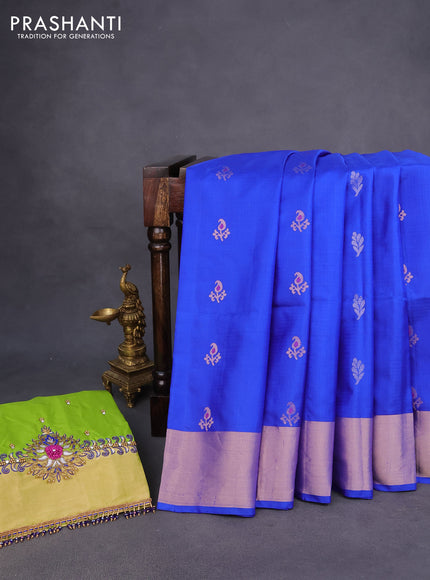 Pure kanchipuram silk saree blue and light green with silver & gold zari woven buttas and zari woven border - aari work blouse