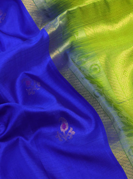 Pure kanchipuram silk saree blue and light green with silver & gold zari woven buttas and zari woven border - aari work blouse