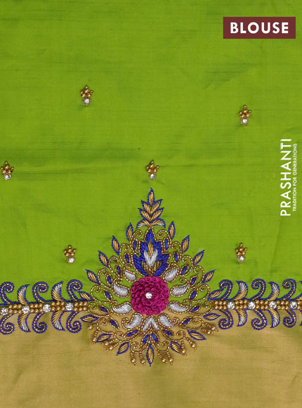 Pure kanchipuram silk saree blue and light green with silver & gold zari woven buttas and zari woven border - aari work blouse