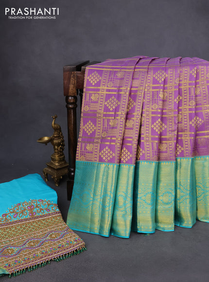 Pure kanchipuram silk saree lavender shade and teal blue with allover zari woven brocade weaves and long rich zari woven border - aari work blouse